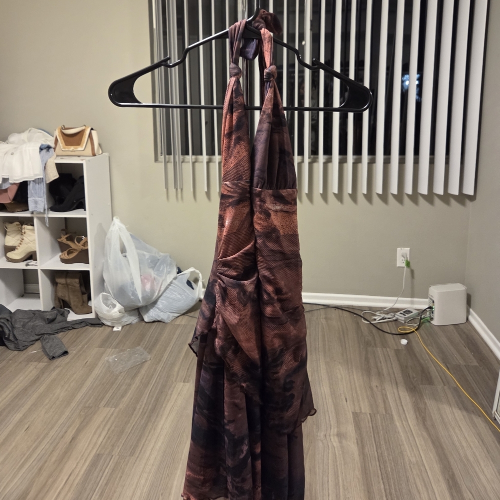 Elegant Brown and Black Halter Dress
